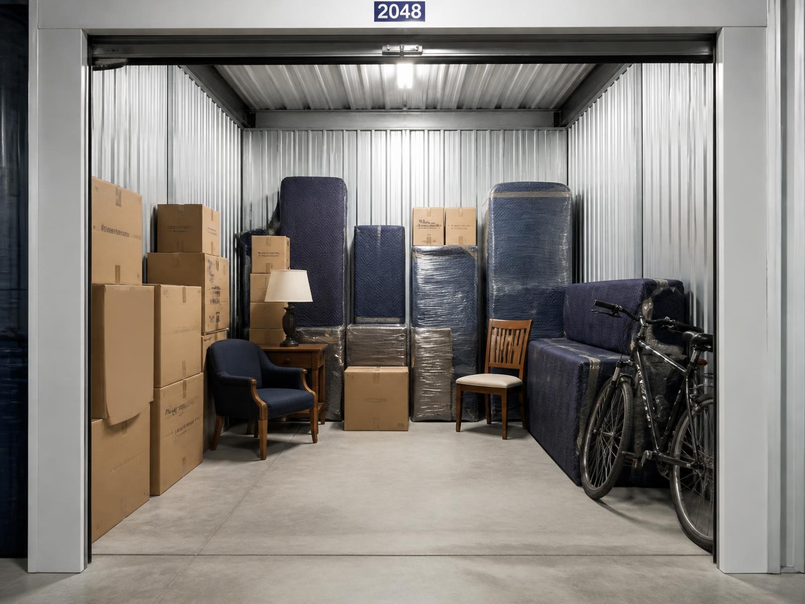 Inside a residential storage unit with wrapped furniture and neatly stacked boxes
