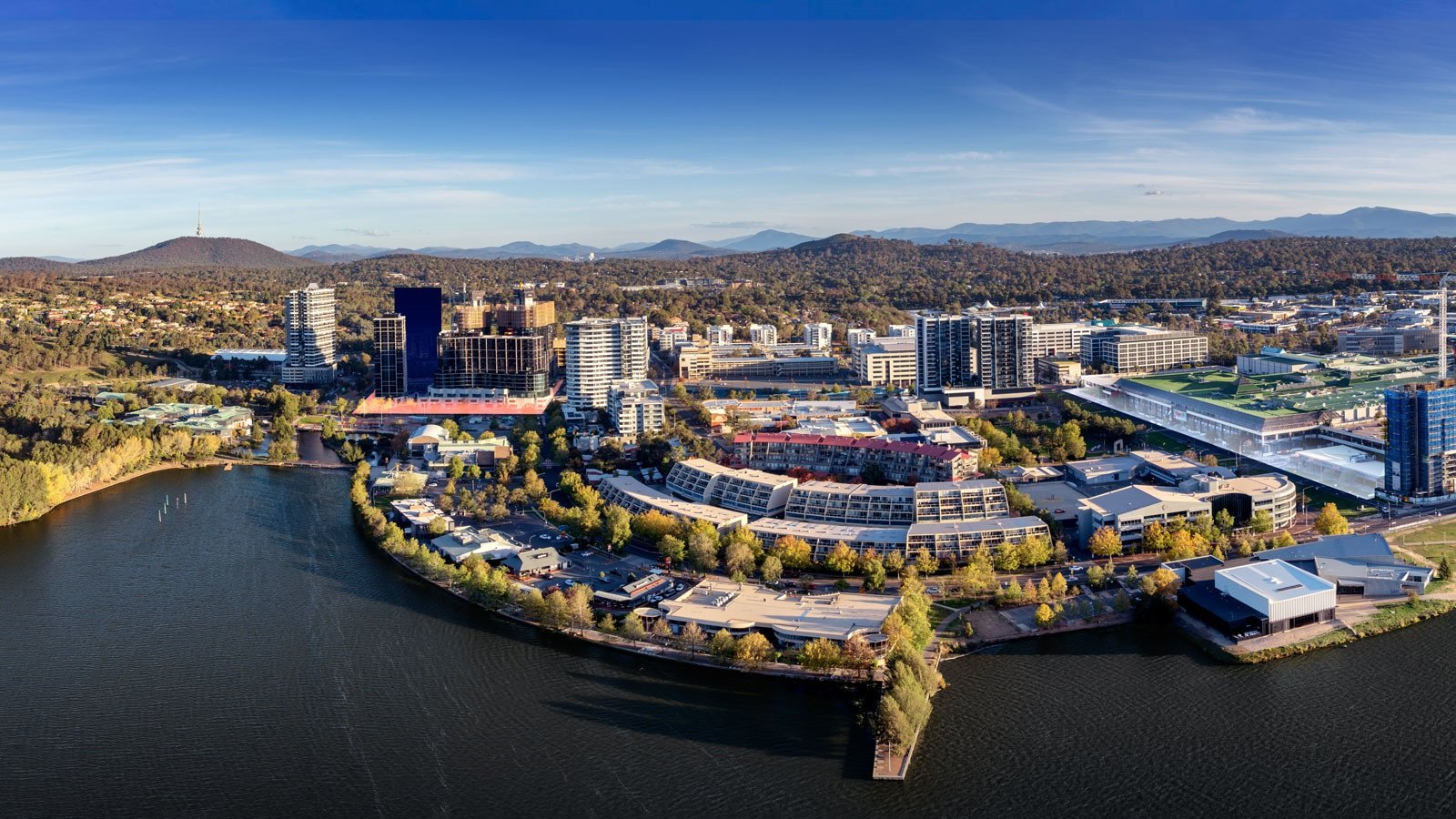 Aerial view of Belconnen town centre and Lake Ginninderra
