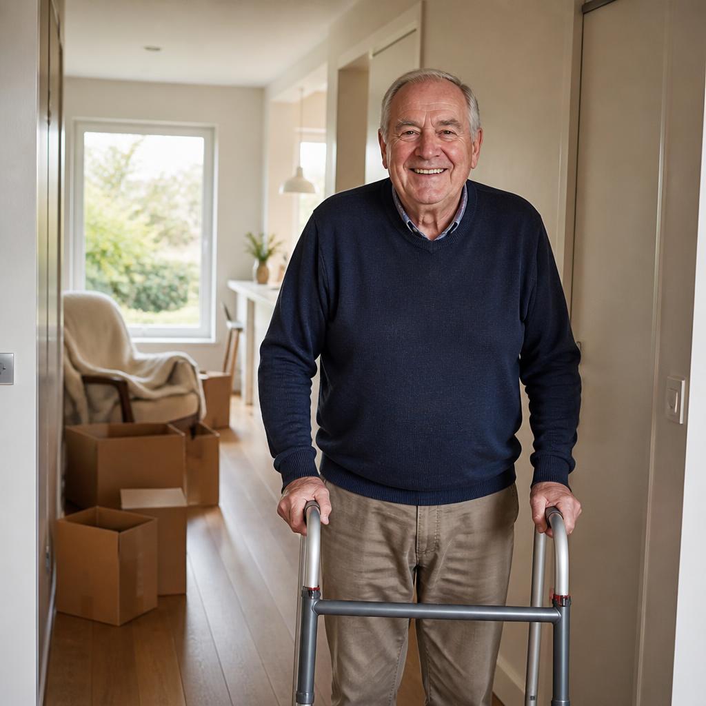 Smiling older man with a walking frame in his home hallway, with moving boxes ready for relocation